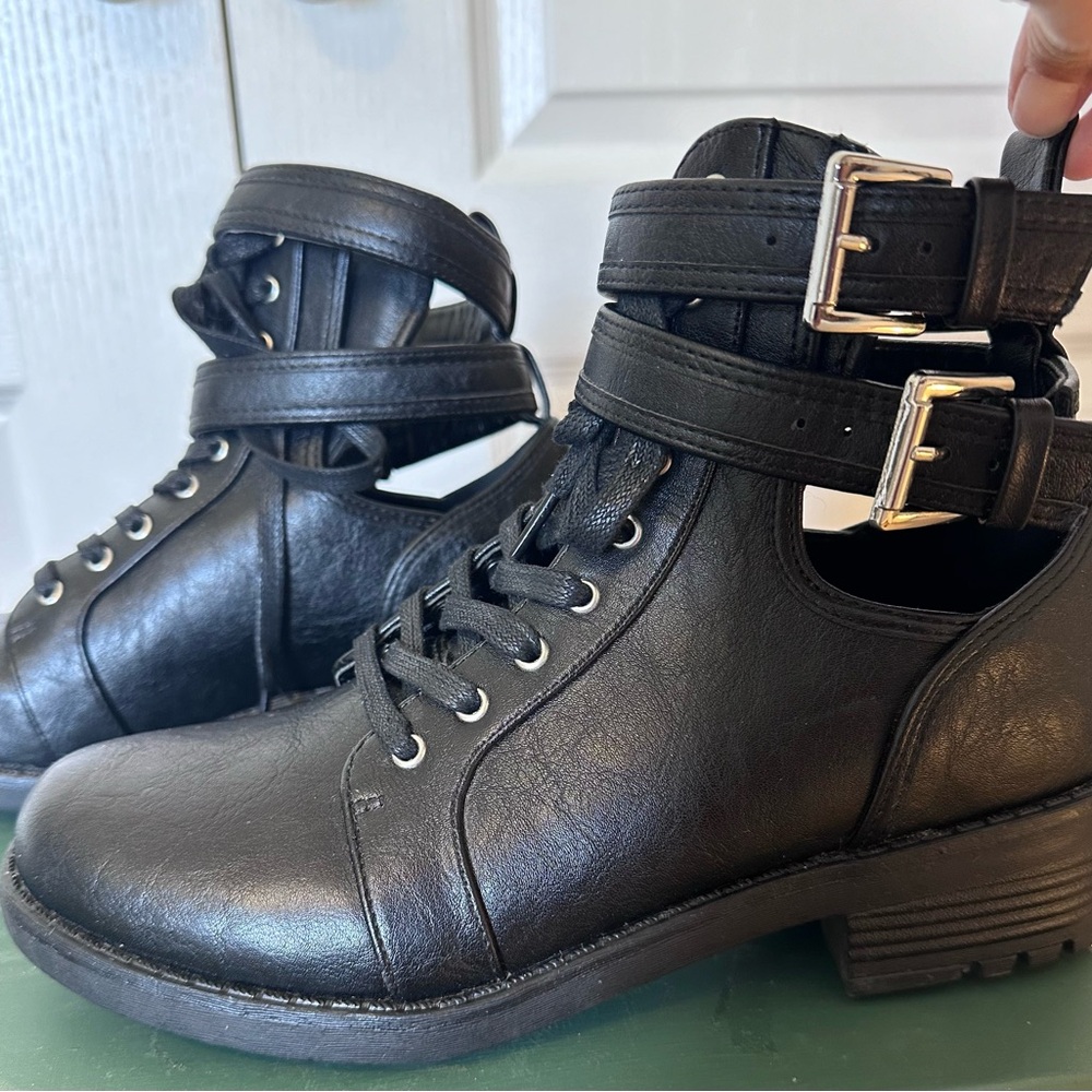 Women’s Justfab Black Faux Leather Aurora Combat Boots With Buckle Details